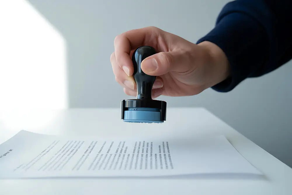 Vereidigter Übersetzer mit amtlichem Stempel und Unterschrift auf einer Übersetzung